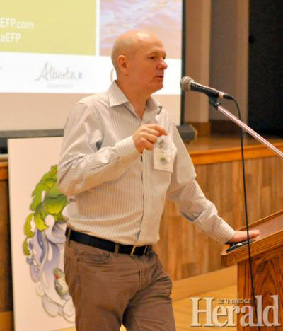 PAUL WATSON SPOKE ABOUT ENVIRONMENTAL FARM PLANS AND SUSTAINABLE SOURCING AT THE OLDMAN WATERSHED COUNCILS 2016 ‘HOLDING THE REINS’ LANDOWNER SUMMIT IN FORT MACLEOD RECENTLY. HERALD PHOTO BY J.W. SCHNARR